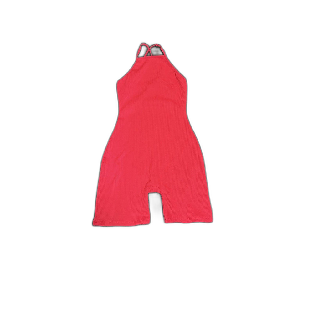 Red Ribbed Halter Biker Romper — Cross Back Strap, Bodycon